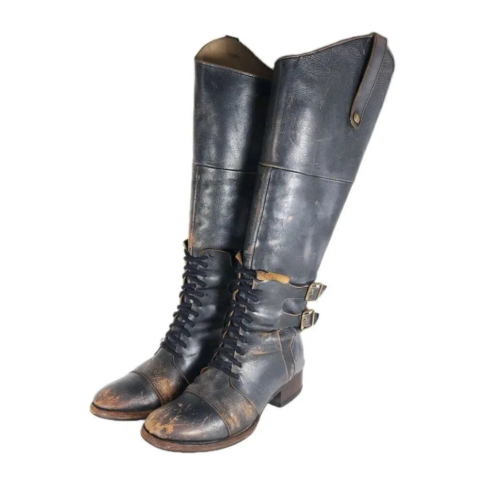 Freebird By Steven Women's SADLE US7 Black Distressed Leather Tall Riding Boots